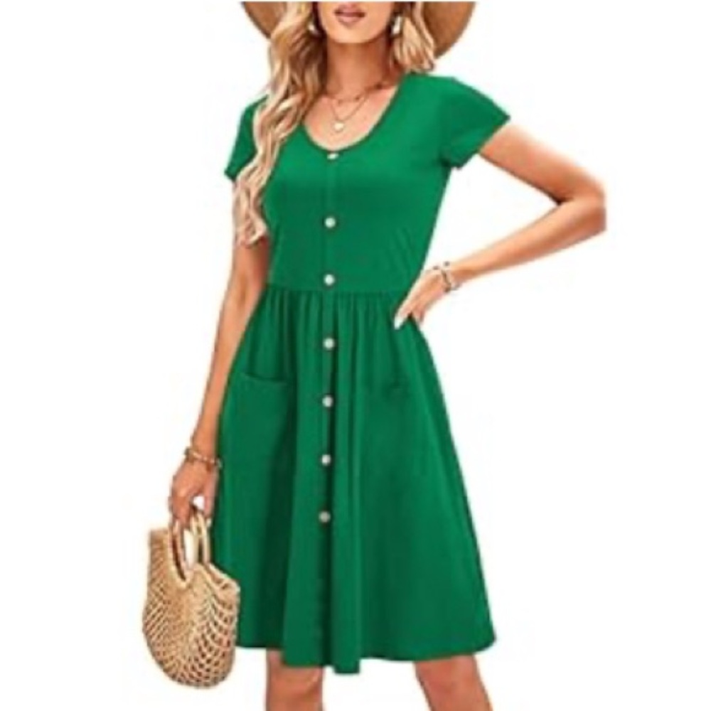 V Neck Button Down Skater Dress with Pockets